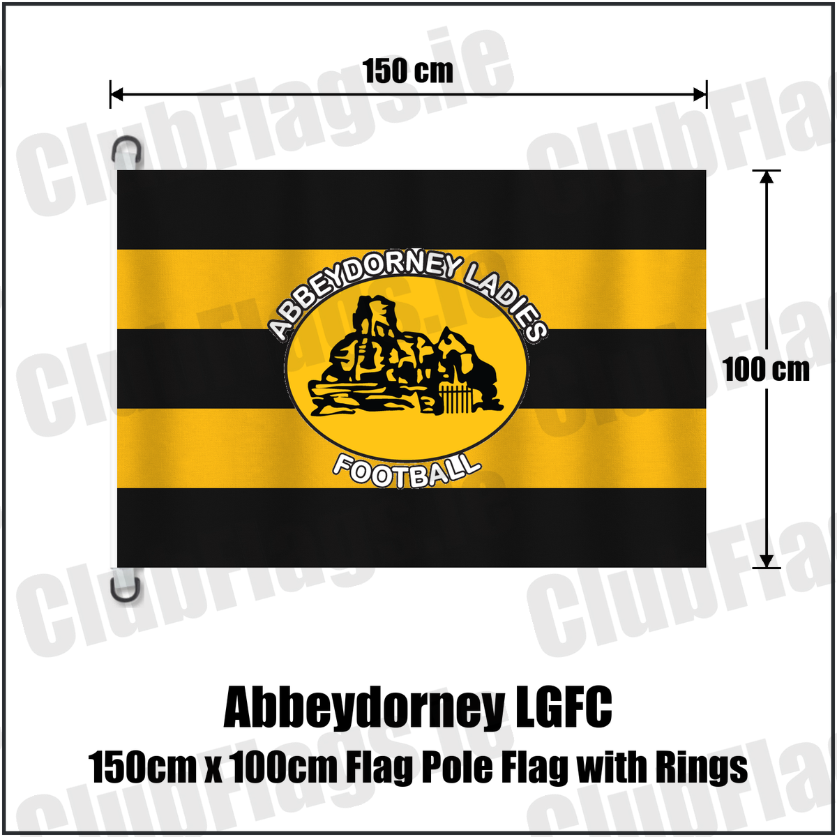 Abbeydorney LGFC 150cm x 100cm Flag Pole Flag with Rings, featuring the club crest and black and amber colours; ladies Gaelic football club, County Kerry. ClubFlags.ie.