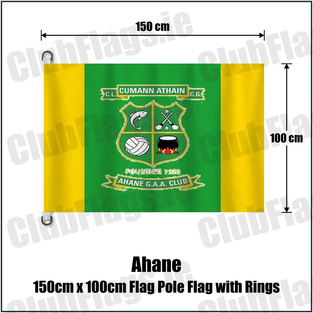 Ahane 150cm x 100cm Flag Pole Flag with Rings in green and gold, featuring the club crest on realistic fabric with gentle vertical folds; County Limerick GAA. ClubFlags.ie.