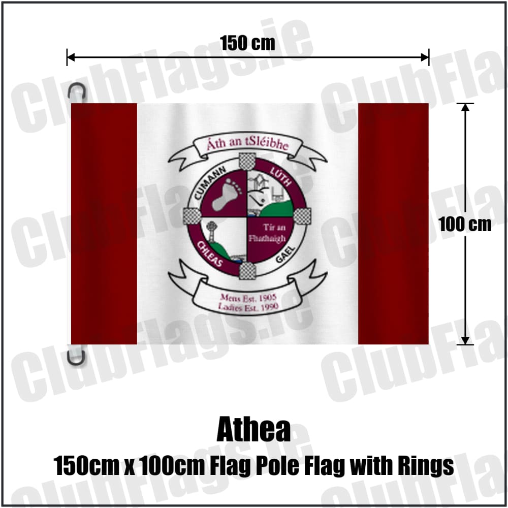 Athea 150cm x 100cm Flag Pole Flag with Rings in maroon and white, featuring the club crest on realistic fabric with gentle vertical folds; County Limerick GAA. ClubFlags.ie.