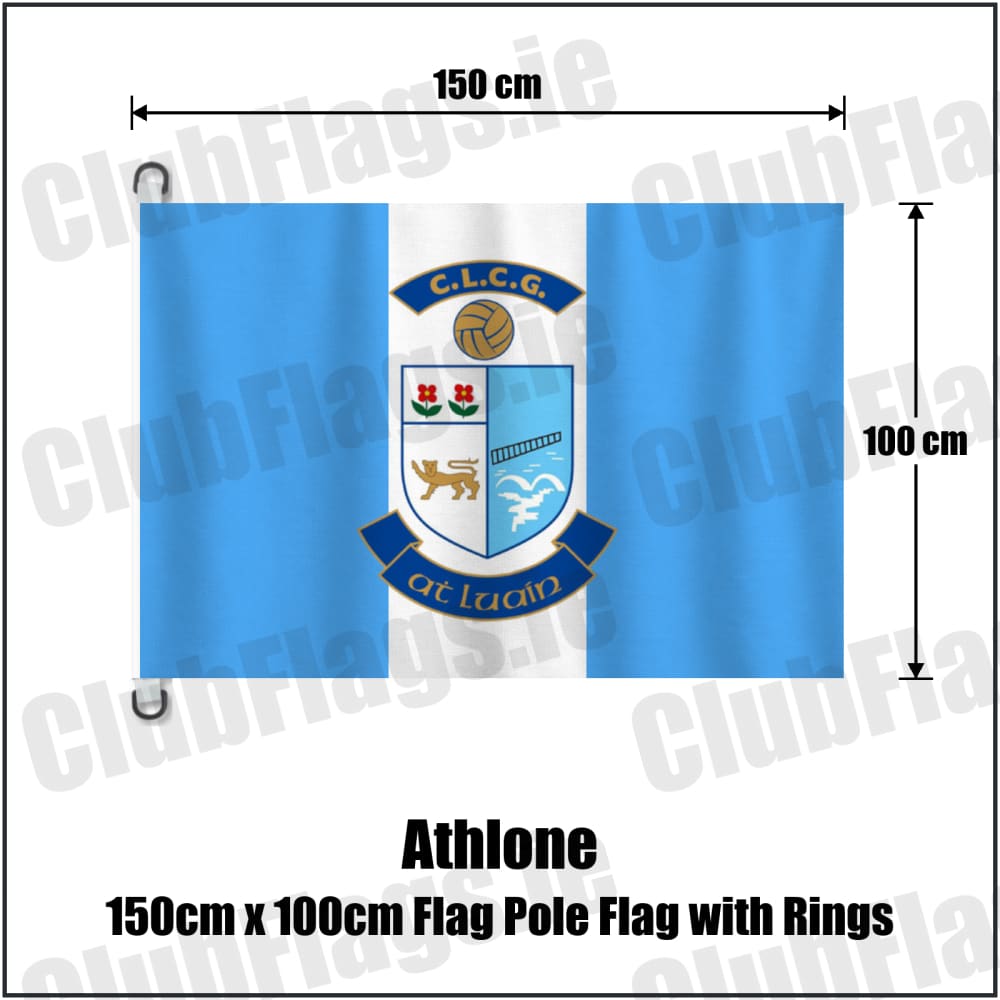 Athlone 150cm x 100cm Flag Pole Flag with Rings in light blue and white, featuring the club crest on realistic fabric with gentle vertical folds; County Westmeath GAA. ClubFlags.ie.
