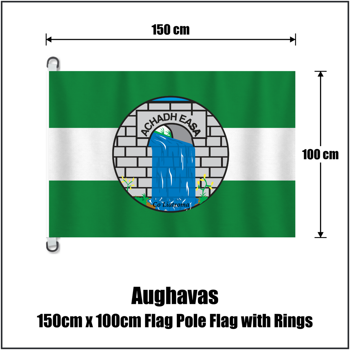 Aughavas 150cm x 100cm Flag Pole Flag with Rings, featuring the club crest and green and white colours; County Leitrim GAA. ClubFlags.ie.