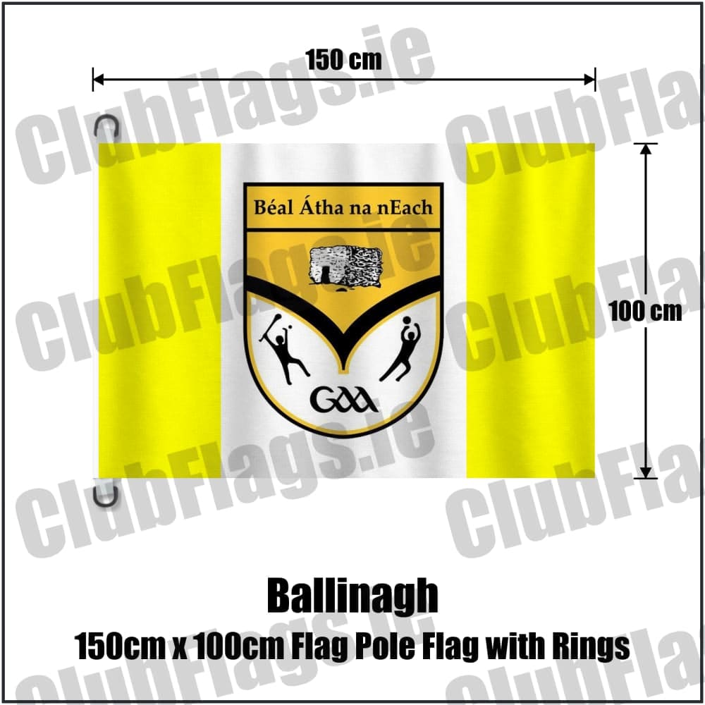 Ballinagh 150cm x 100cm Flag Pole Flag with Rings in yellow and white, featuring the club crest on realistic fabric with gentle vertical folds; County Cavan GAA. ClubFlags.ie.