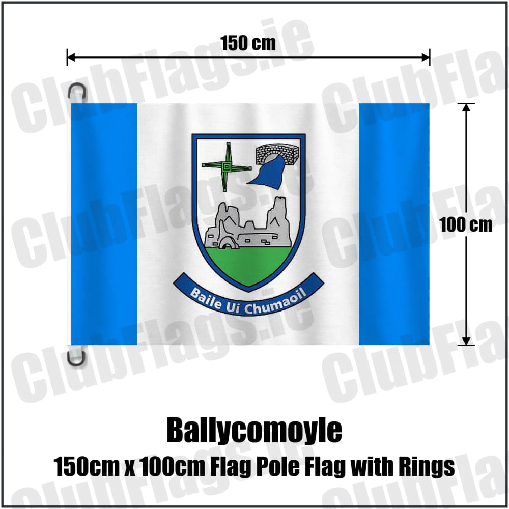 Ballycomoyle 150cm x 100cm Flag Pole Flag with Rings in blue and white, featuring the club crest on realistic fabric with gentle vertical folds; County Westmeath GAA. ClubFlags.ie.