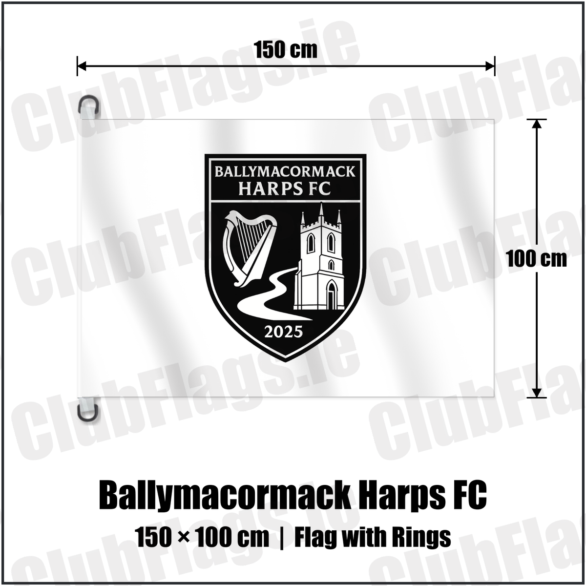Ballymacormack Harps FC 150cm x 100cm Flag Pole Flag with Rings with the club crest and colours, Longford Football - ClubFlags.ie