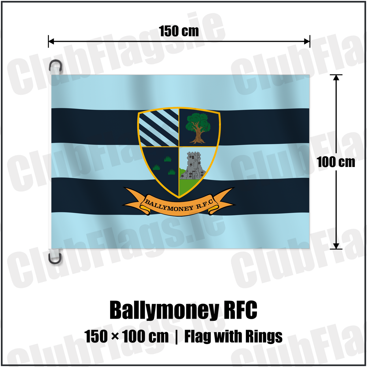 Ballymoney RFC 150cm x 100cm Flag Pole Flag with Rings with the club crest and colours, Antrim Rugby - ClubFlags.ie