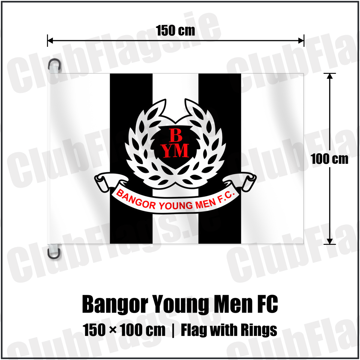 Bangor Young Men FC 150cm x 100cm Flag Pole Flag with Rings with the club crest and colours, Down Football - ClubFlags.ie