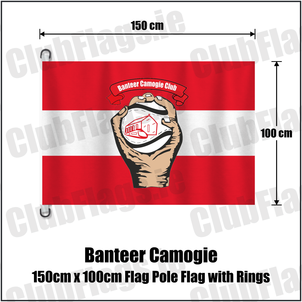Banteer Camogie 150cm x 100cm Flag Pole Flag with Rings, featuring the club crest and red and white colours; County Cork camogie. ClubFlags.ie.