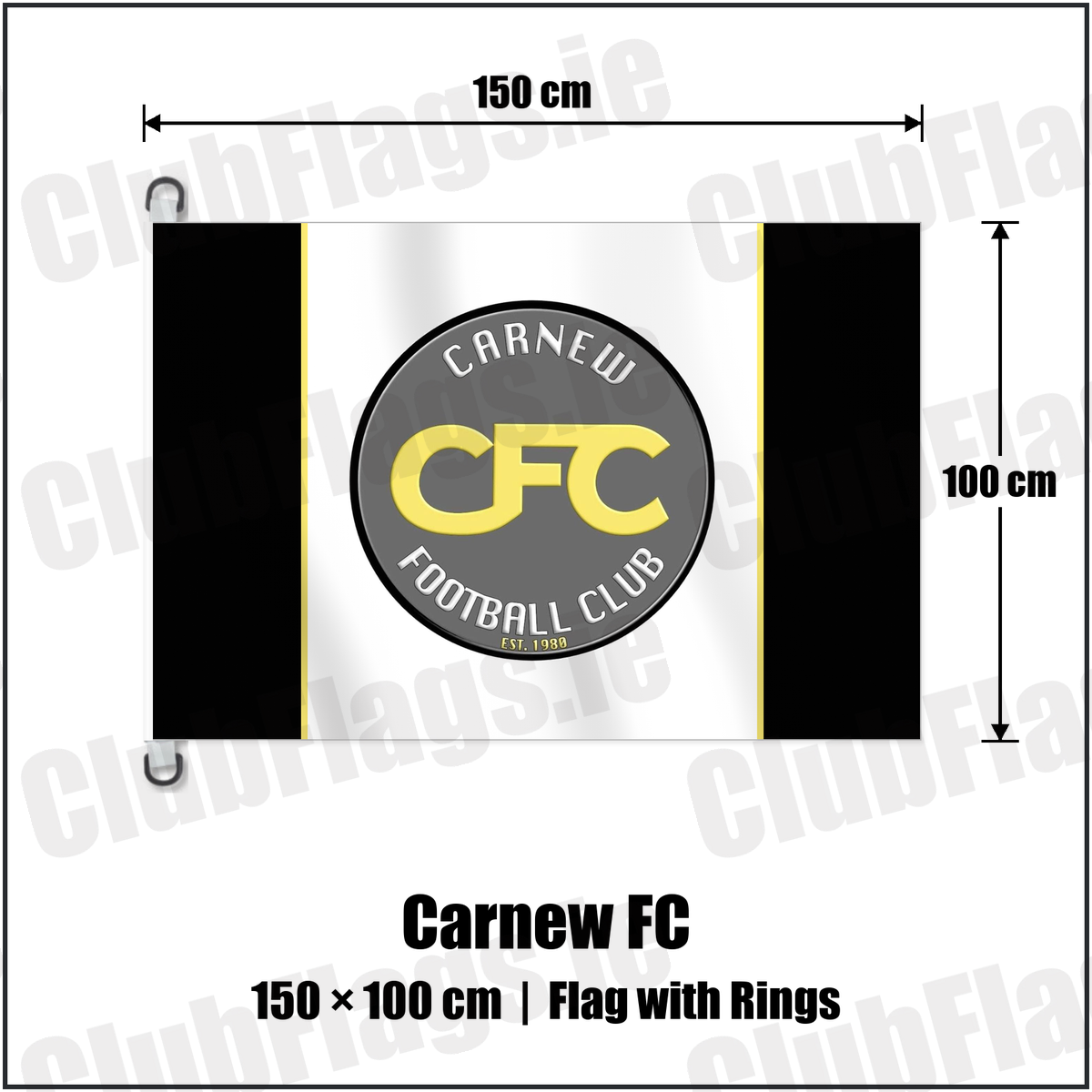 Carnew FC 150cm x 100cm Flag Pole Flag with Rings with the club crest and colours, Wicklow Football - ClubFlags.ie