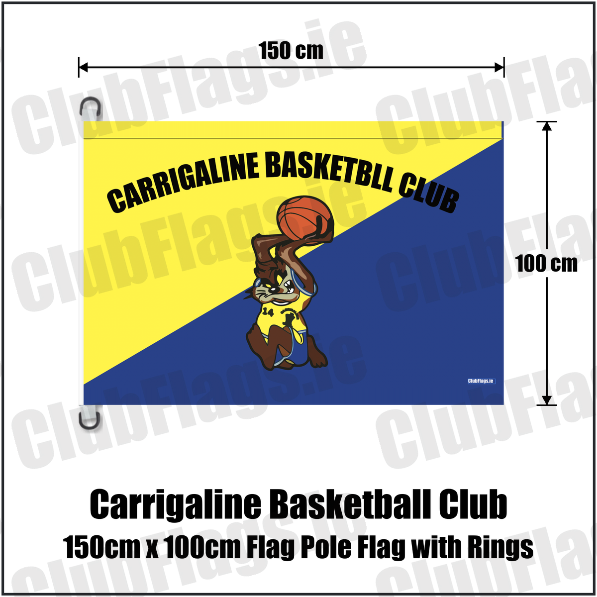 Carrigaline Basketball Club 150cm x 100cm Flag Pole Flag with Rings, featuring the club crest and yellow and navy blue colours; County Cork basketball. ClubFlags.ie., featuring the supplied yellow and navy blue diagonal basketball design, original club lettering and basketball mascot. Carrigaline, County Cork. ClubFlags.ie.