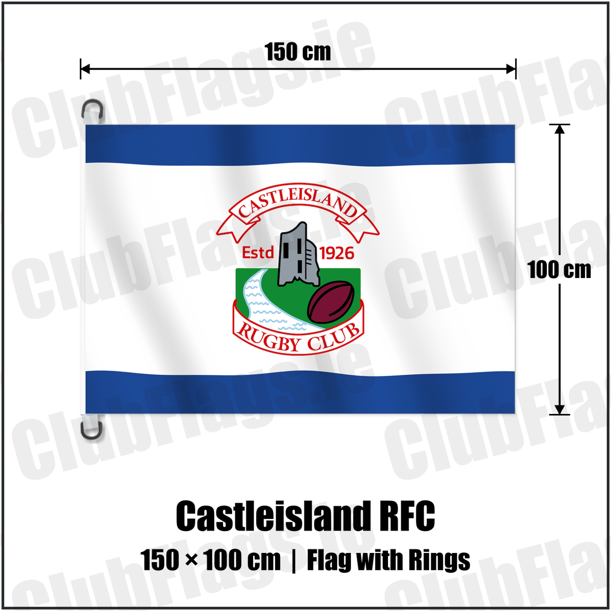 Castleisland RFC 150cm x 100cm Flag Pole Flag with Rings with the club crest and colours, Kerry Rugby - ClubFlags.ie
