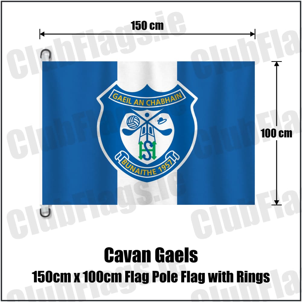 Cavan Gaels 150cm x 100cm Flag Pole Flag with Rings in blue and white, featuring the club crest on realistic fabric with gentle vertical folds; County Cavan GAA. ClubFlags.ie.
