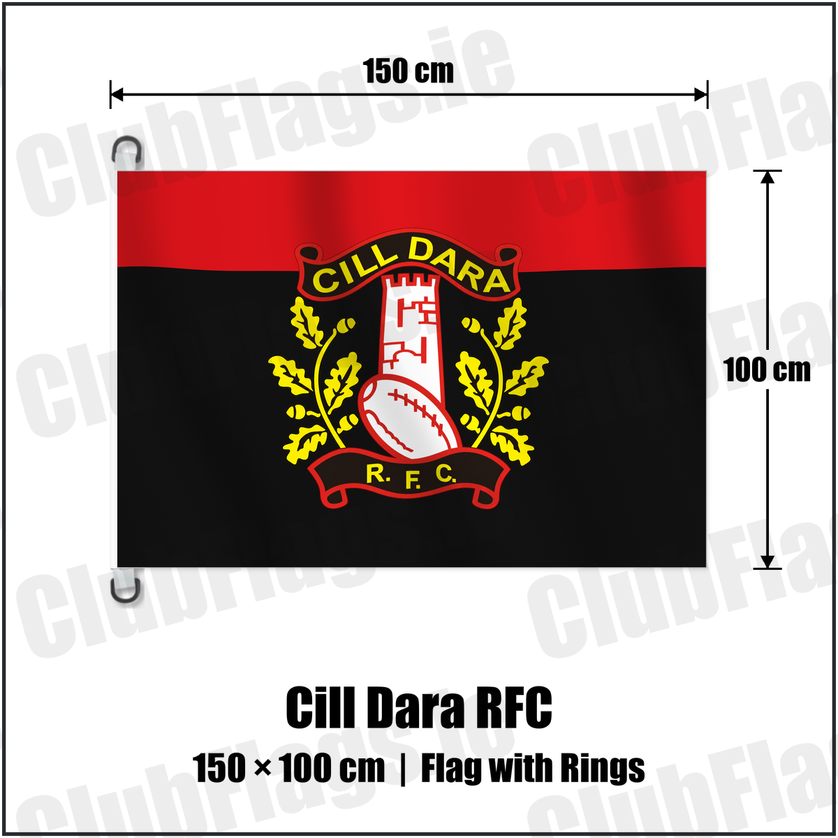 Cill Dara RFC 150cm x 100cm Flag Pole Flag with Rings with the verified club crest and colours, Kildare Rugby - ClubFlags.ie