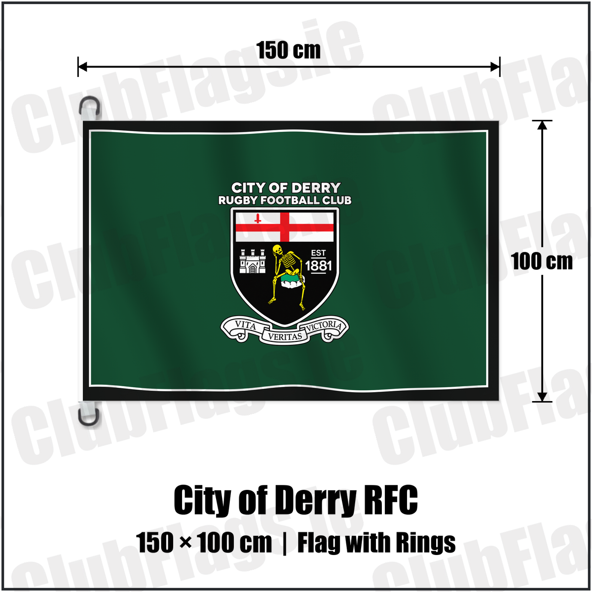 City of Derry RFC 150cm x 100cm Flag Pole Flag with Rings with the club crest and colours, Derry Rugby - ClubFlags.ie