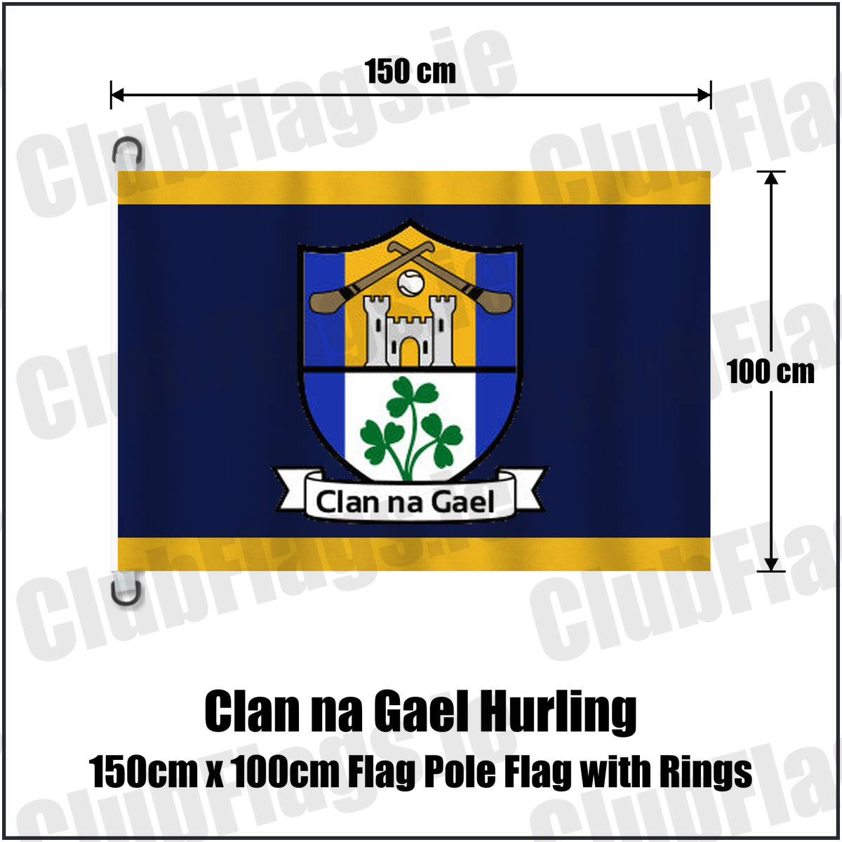 Clan na Gael Hurling 150cm x 100cm Flag Pole Flag with Rings, featuring the club crest and navy and gold colours; County Westmeath GAA. ClubFlags.ie.