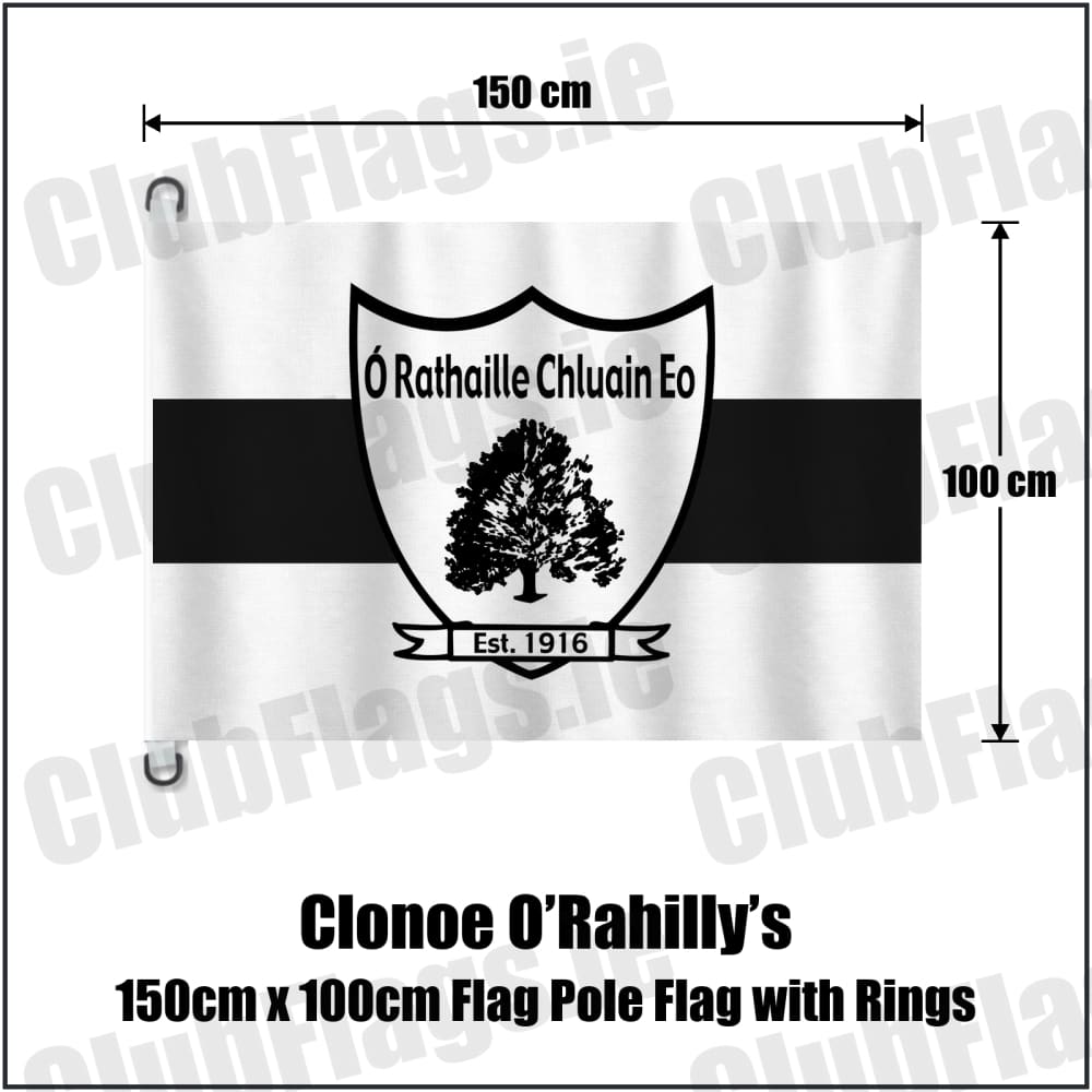 Clonoe O’Rahilly’s 150cm x 100cm Flag Pole Flag with Rings in white and black, featuring the club crest on realistic fabric with gentle vertical folds; County Tyrone GAA. ClubFlags.ie.