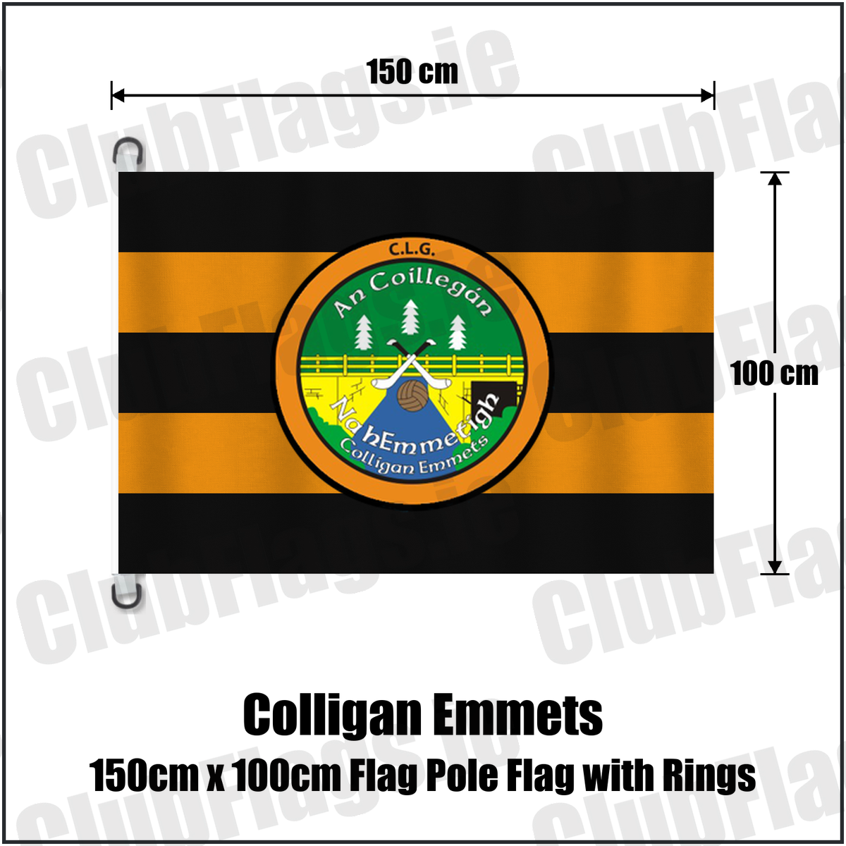 Colligan Emmets 150cm x 100cm Flag Pole Flag with Rings, featuring the club crest and black and amber colours; County Waterford GAA. ClubFlags.ie.