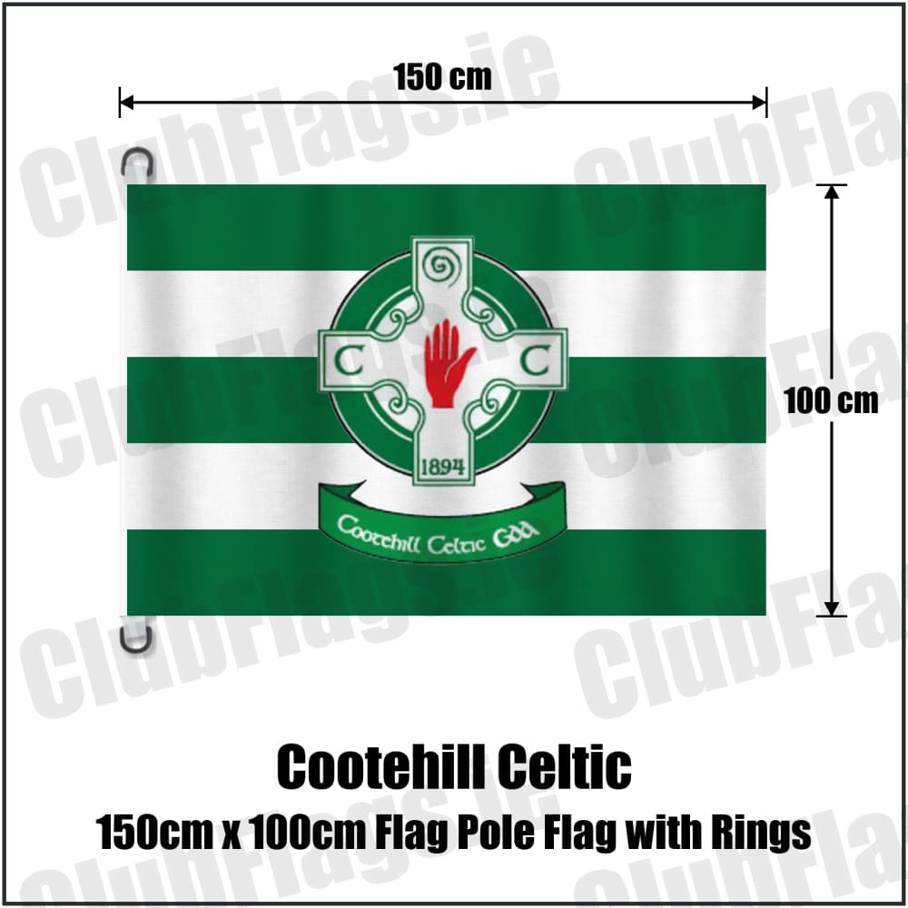 Cootehill Celtic 150cm x 100cm Flag Pole Flag with Rings in green and white, featuring the club crest on realistic fabric with gentle vertical folds; County Cavan GAA. ClubFlags.ie.