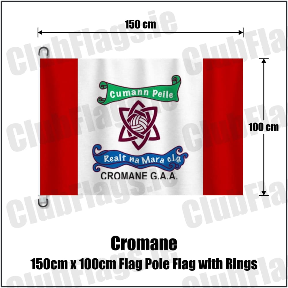 Cromane 150cm x 100cm Flag Pole Flag with Rings in red and white, featuring the club crest on realistic fabric with gentle vertical folds; County Kerry GAA. ClubFlags.ie.