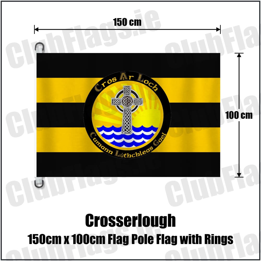 Crosserlough 150cm x 100cm Flag Pole Flag with Rings in gold and black, featuring the club crest on realistic fabric with gentle vertical folds; County Cavan GAA. ClubFlags.ie.