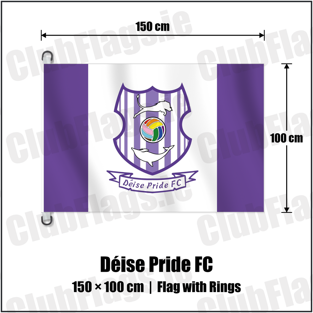 Déise Pride FC 150cm x 100cm Flag Pole Flag with Rings with the club crest and colours, Waterford Football - ClubFlags.ie