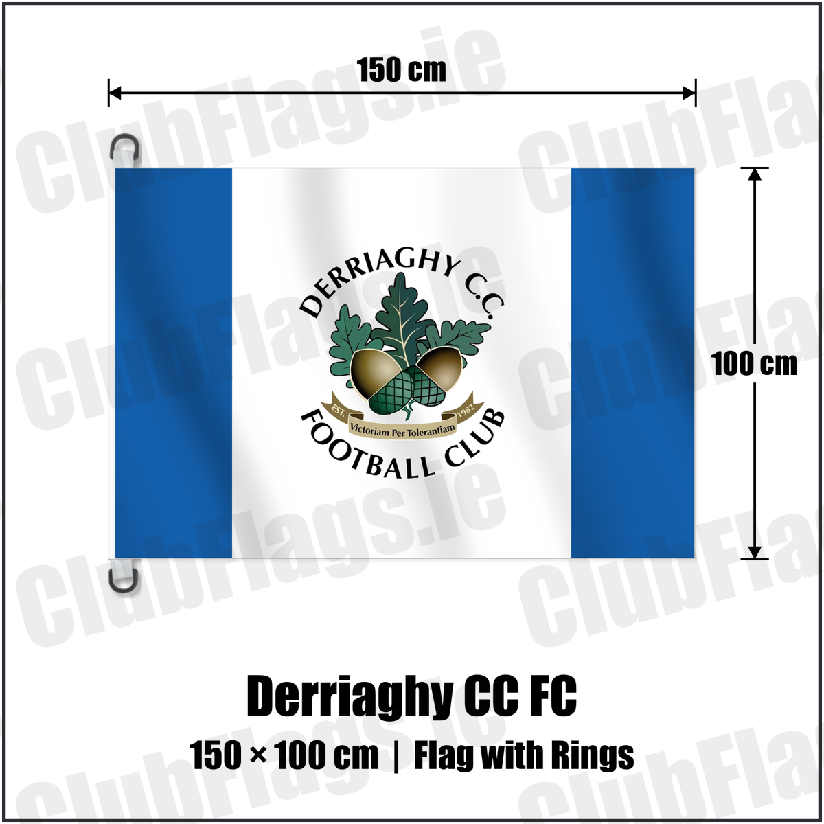 Derriaghy CC FC 150cm x 100cm Flag Pole Flag with Rings with the club crest and colours, Antrim Football - ClubFlags.ie