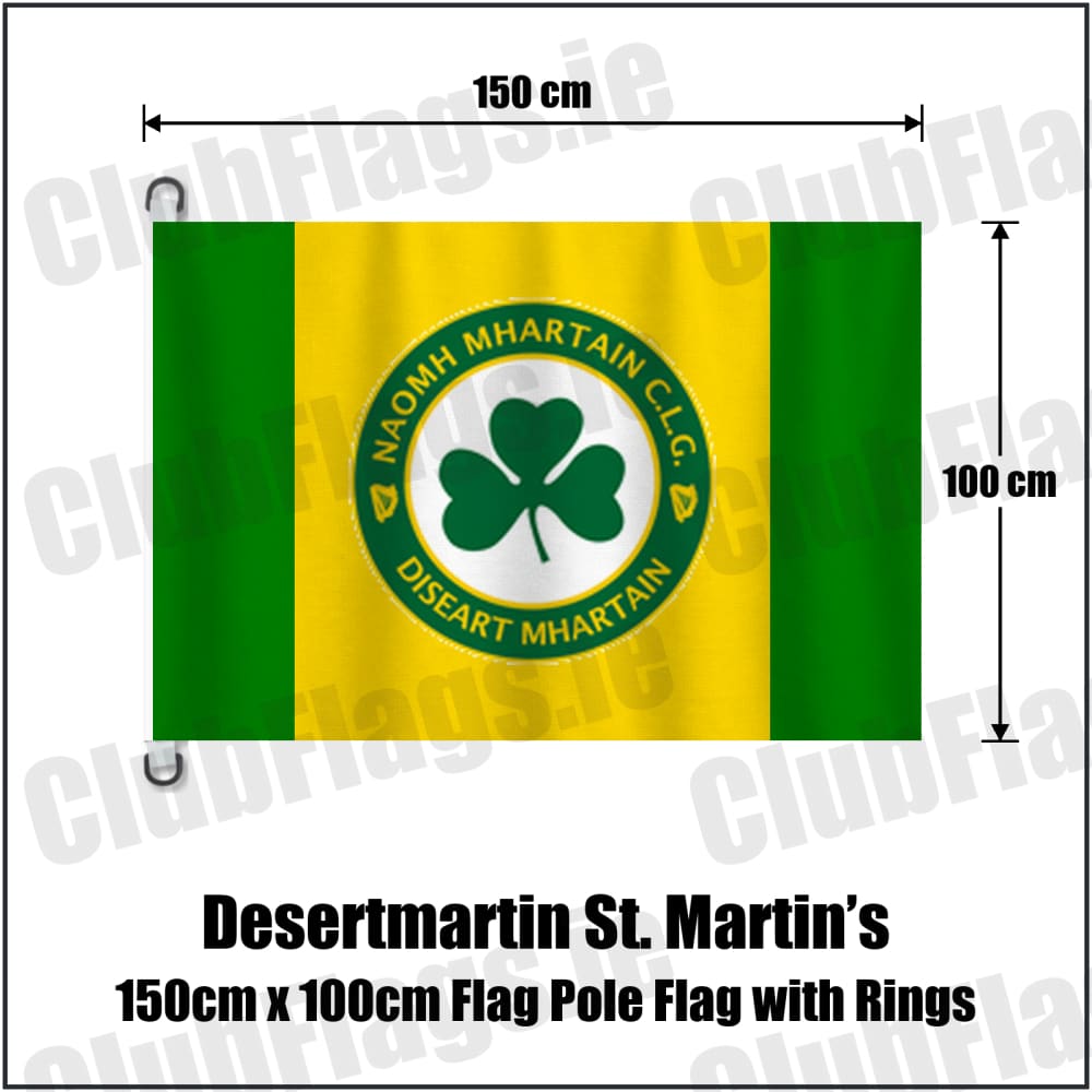 Desertmartin St. Martin’s 150cm x 100cm Flag Pole Flag with Rings in yellow and green, featuring the club crest on realistic fabric with gentle vertical folds; County Derry GAA. ClubFlags.ie.