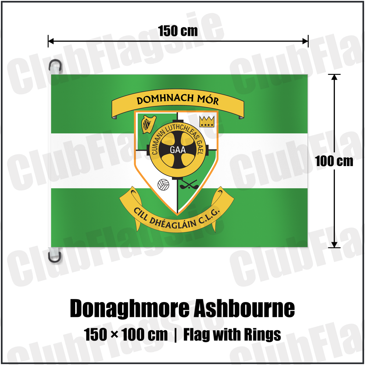 Donaghmore Ashbourne 150cm x 100cm Flag Pole Flag with Rings with the club crest and colours, Meath GAA - ClubFlags.ie