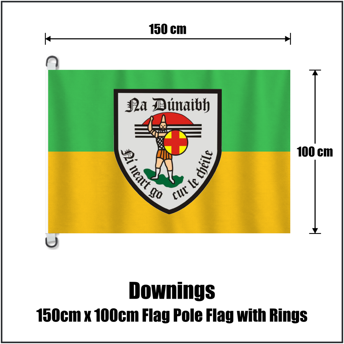 Downings 150cm x 100cm Flag Pole Flag with Rings, featuring the club crest and green and gold colours; County Donegal GAA. ClubFlags.ie.