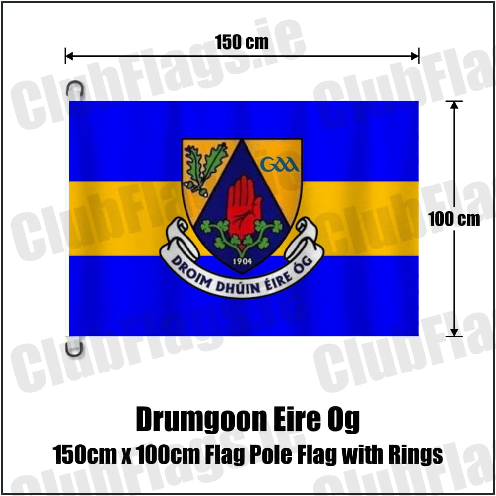 Drumgoon Eire Og 150cm x 100cm Flag Pole Flag with Rings in blue and amber, featuring the club crest on realistic fabric with gentle vertical folds; County Cavan GAA. ClubFlags.ie.