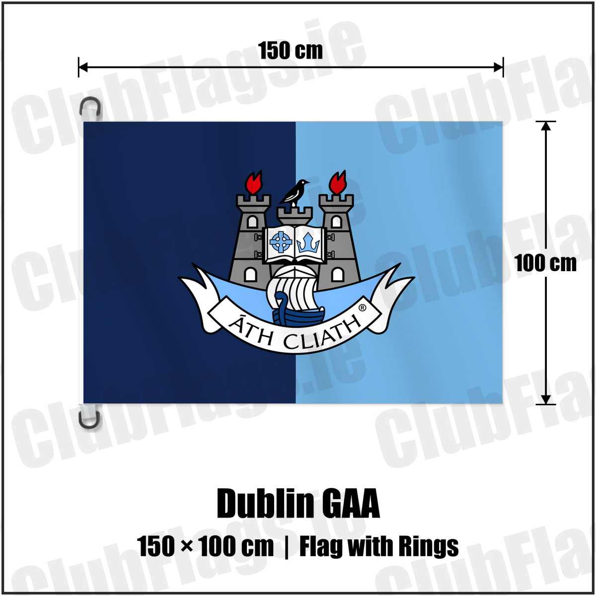 Dublin GAA 150cm x 100cm Flag Pole Flag with Rings with the club crest and colours, Dublin GAA - ClubFlags.ie