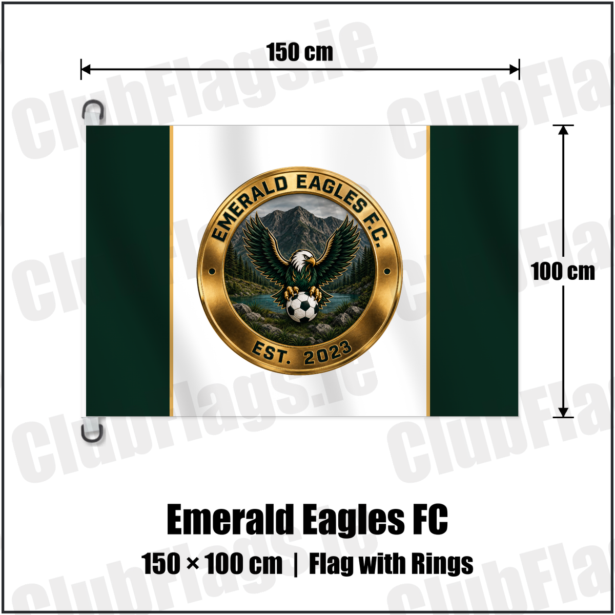 Emerald Eagles FC 150cm x 100cm Flag Pole Flag with Rings with the club crest and colours, Kerry Football - ClubFlags.ie