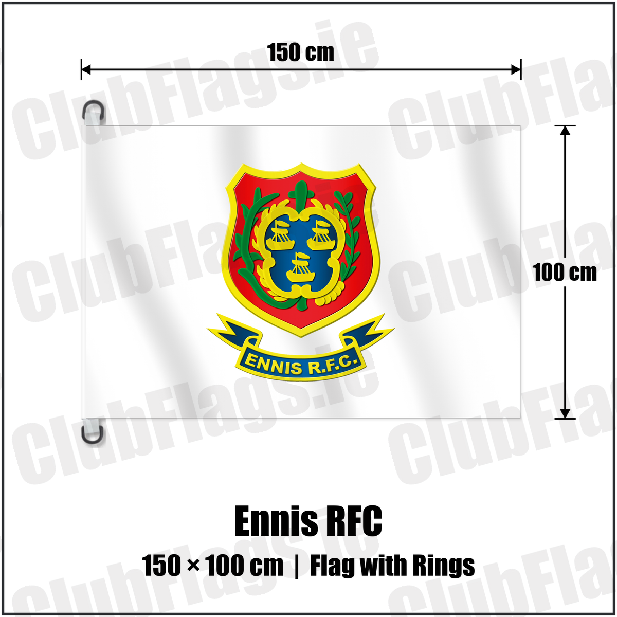 Ennis RFC 150cm x 100cm Flag Pole Flag with Rings with the club crest and colours, Clare Rugby - ClubFlags.ie