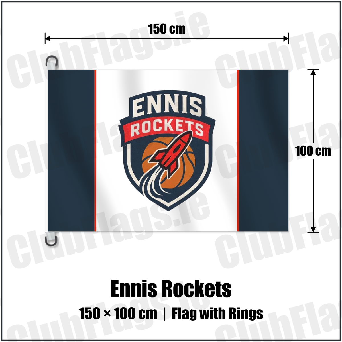 Ennis Rockets 150cm x 100cm Flag Pole Flag with Rings with the club crest and colours, Clare Basketball - ClubFlags.ie