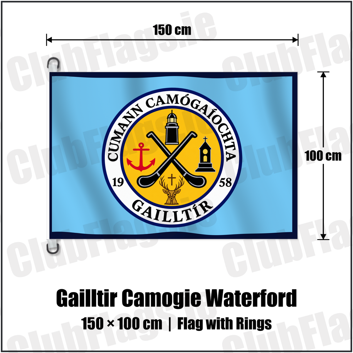 Gailltir Camogie Waterford 150cm x 100cm Flag Pole Flag with Rings with the club crest and colours, Waterford GAA - ClubFlags.ie