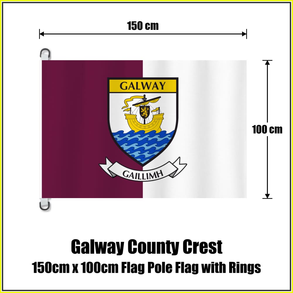 Galway county crest flag, 150 cm wide × 100 cm high, in maroon and white, with two dark attachment rings on white tabs and no pole.
