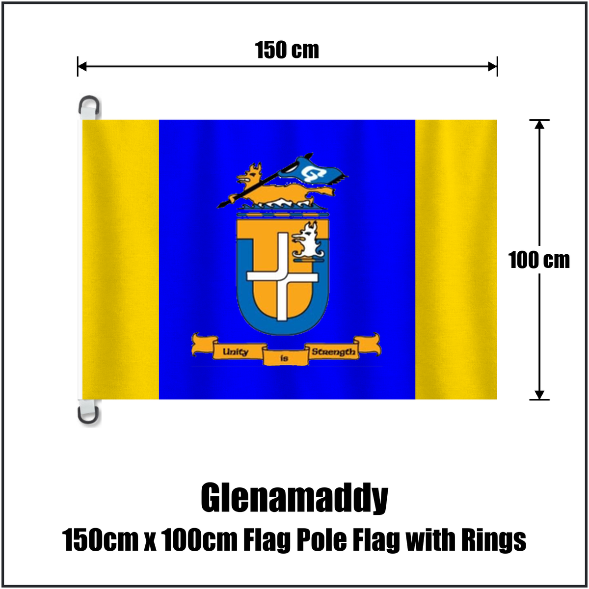 Glenamaddy 150cm x 100cm Flag Pole Flag with Rings, featuring the club crest and blue and gold colours; County Galway GAA. ClubFlags.ie.
