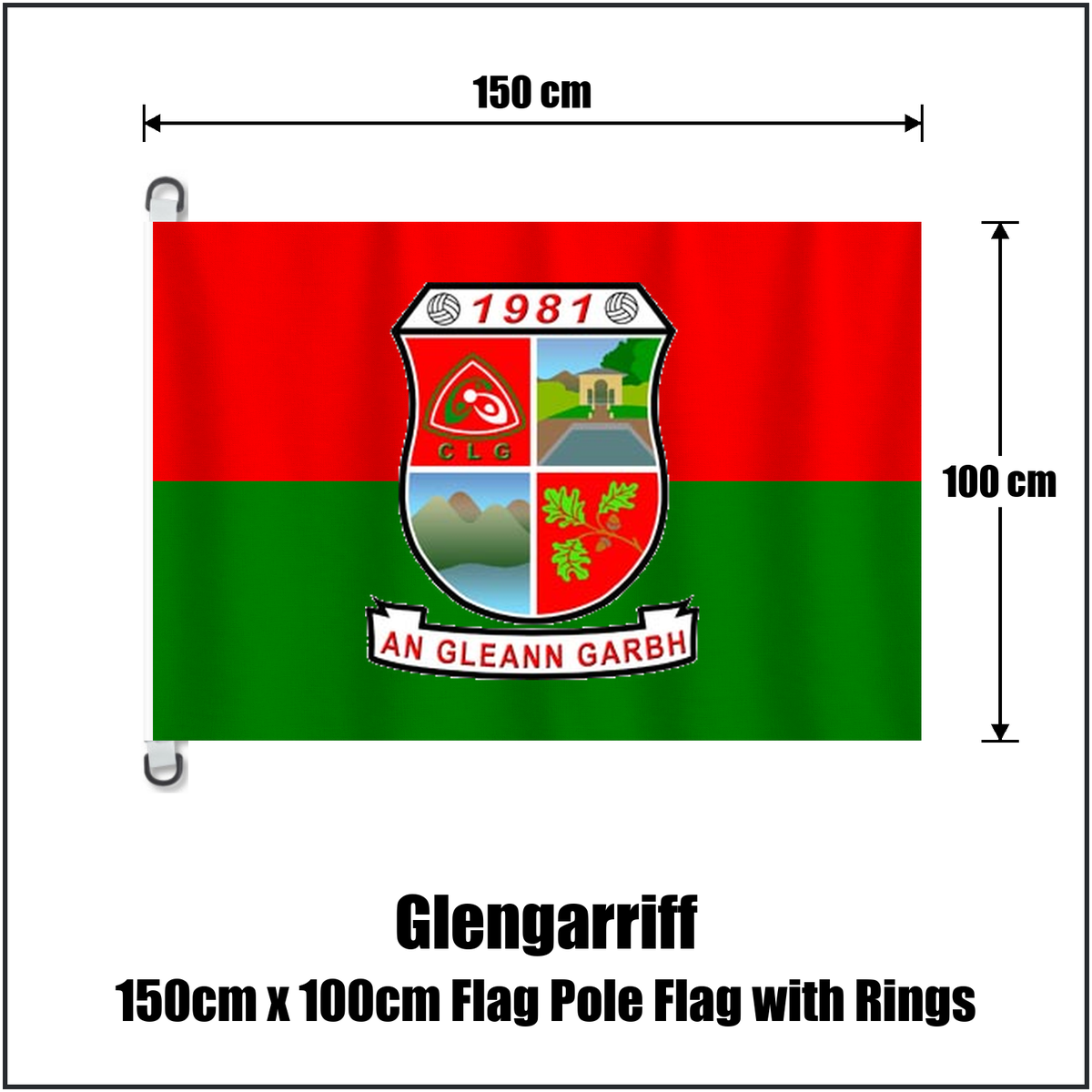 Glengarriff 150cm x 100cm Flag Pole Flag with Rings, featuring the club crest and red and green colours; County Cork GAA. ClubFlags.ie.