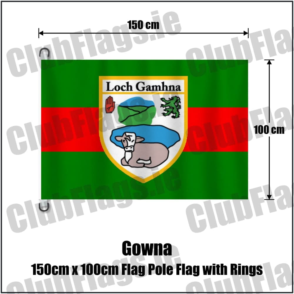 Gowna 150cm x 100cm Flag Pole Flag with Rings in green and red, featuring the club crest on realistic fabric with gentle vertical folds; County Cavan GAA. ClubFlags.ie.