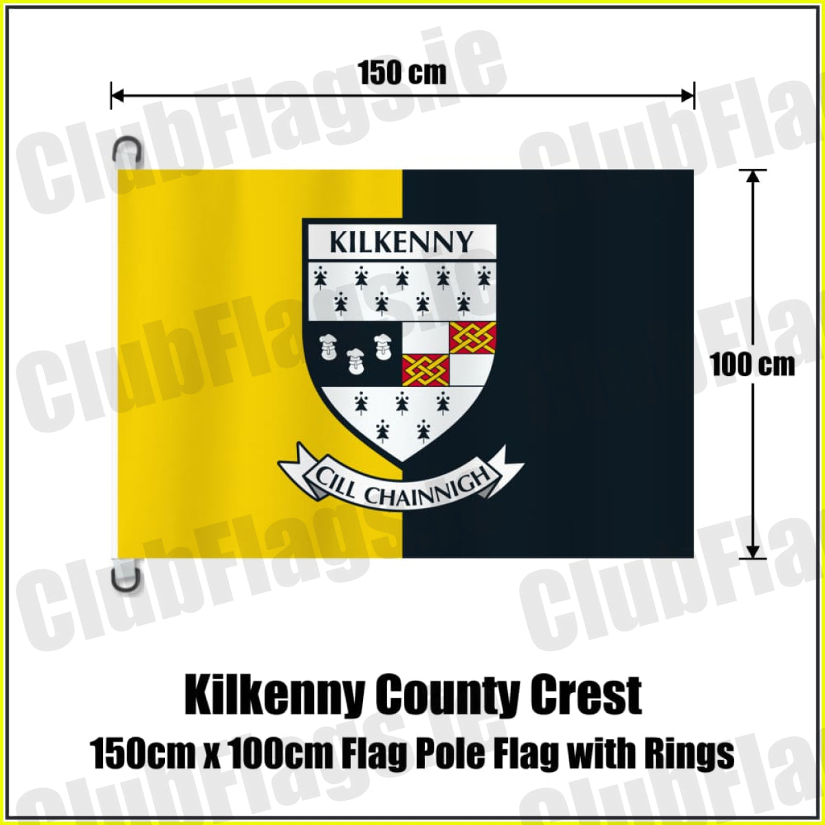 Kilkenny county crest flag, 150 cm wide × 100 cm high, in yellow and black, with two dark attachment rings on white tabs and no pole.