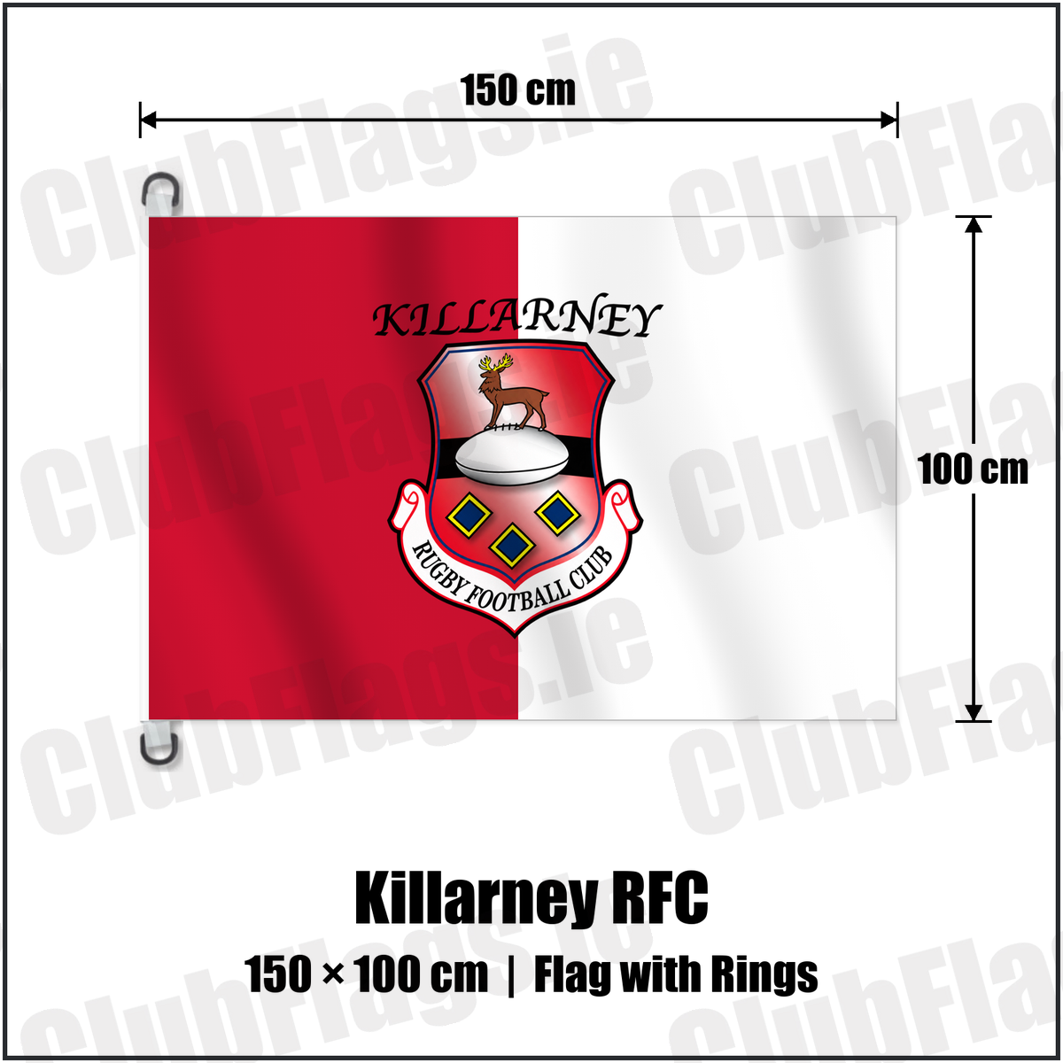 Killarney RFC 150cm x 100cm Flag Pole Flag with Rings with the verified club crest and colours, Kerry Rugby - ClubFlags.ie