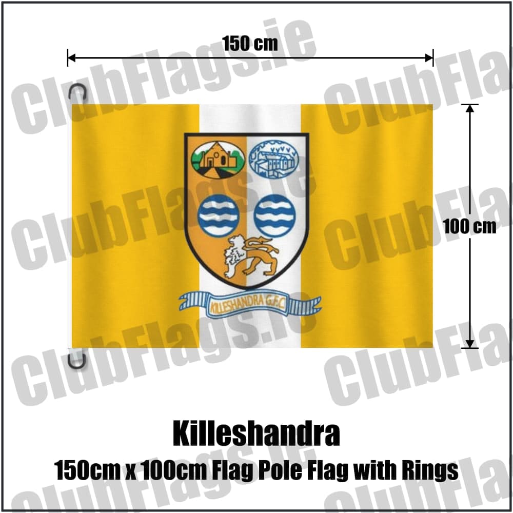 Killeshandra 150cm x 100cm Flag Pole Flag with Rings in gold and white, featuring the club crest on realistic fabric with gentle vertical folds; County Cavan GAA. ClubFlags.ie.