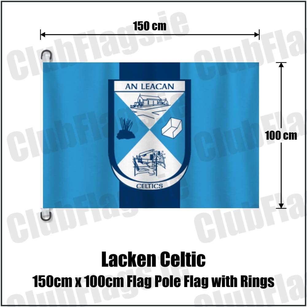 Lacken Celtic 150cm x 100cm Flag Pole Flag with Rings in sky blue and navy, featuring the club crest on realistic fabric with gentle vertical folds; County Cavan GAA. ClubFlags.ie.