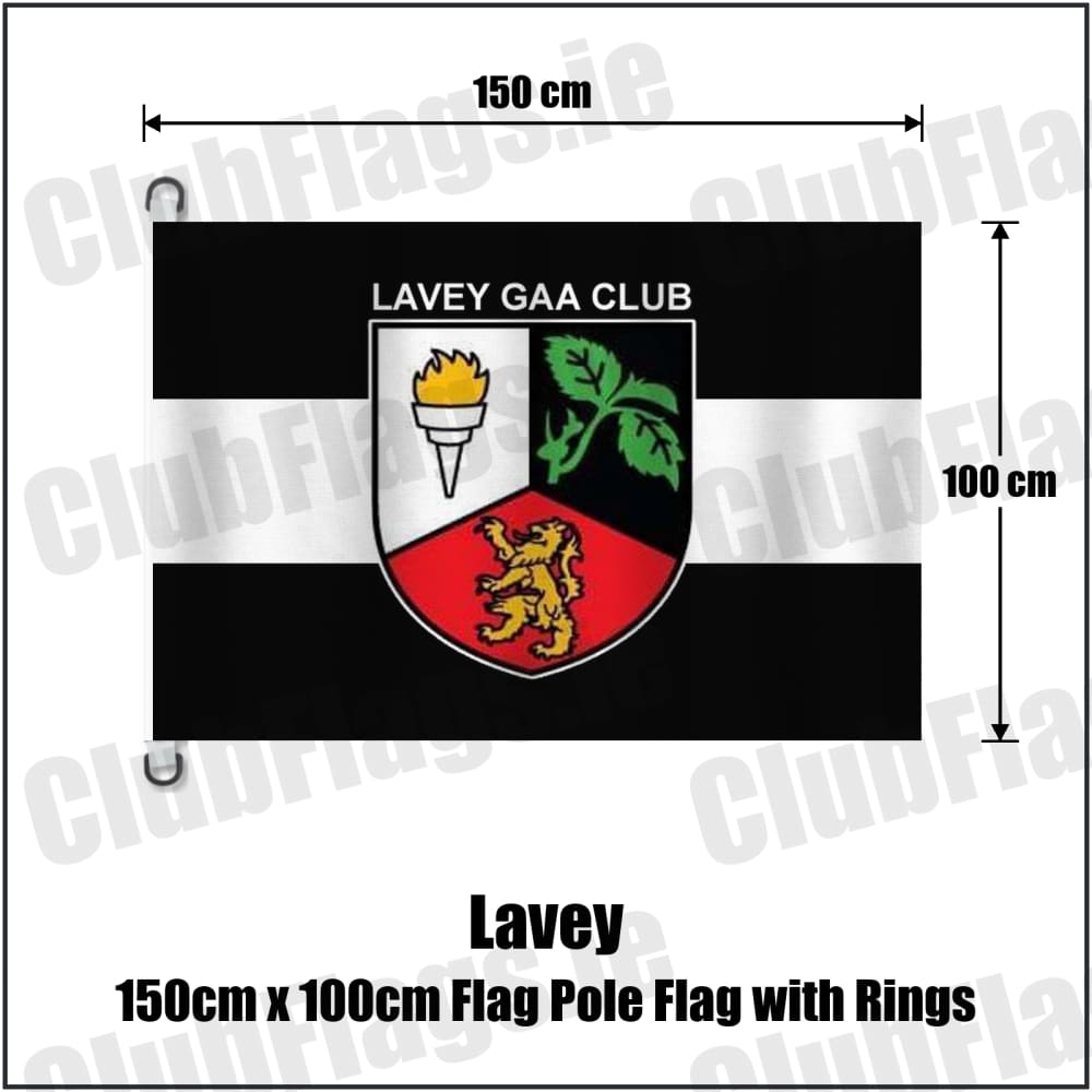 Lavey 150cm x 100cm Flag Pole Flag with Rings in black and white, featuring the club crest on realistic fabric with gentle vertical folds; County Cavan GAA. ClubFlags.ie.