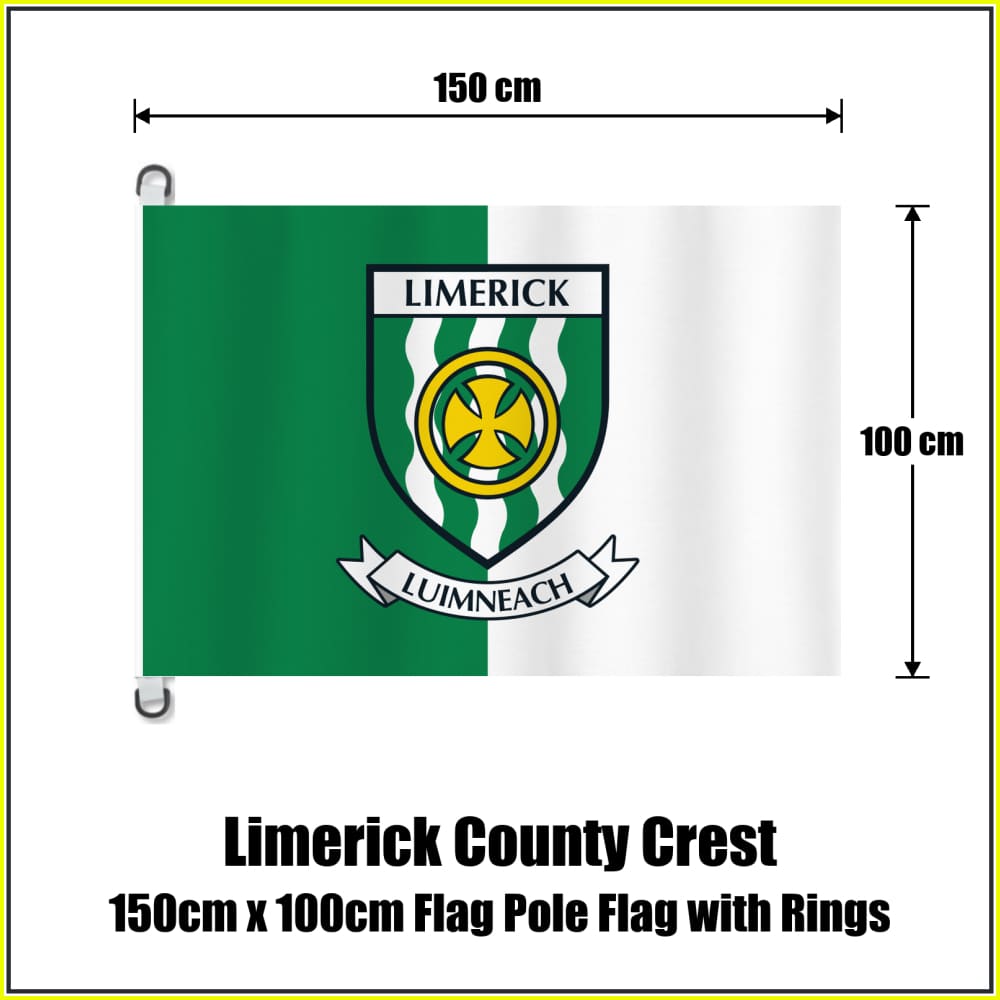 Limerick county crest flag, 150 cm wide × 100 cm high, in green and white, with two dark attachment rings on white tabs and no pole.