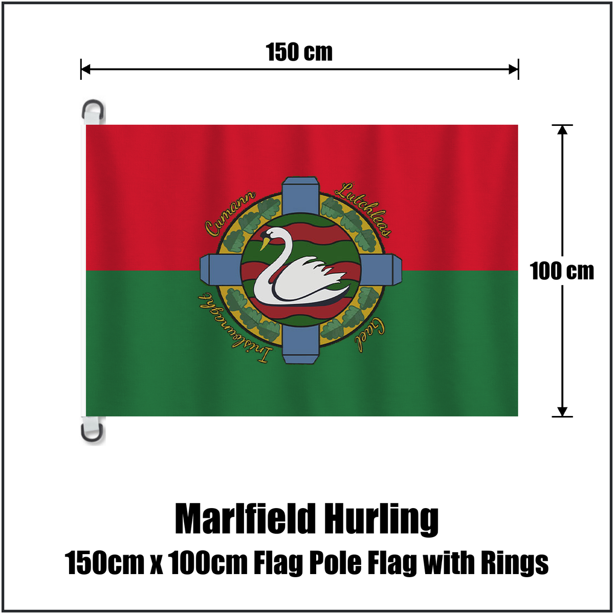 Marlfield Hurling 150cm x 100cm Flag Pole Flag with Rings, featuring the club crest and red and green colours; County Tipperary GAA. ClubFlags.ie.