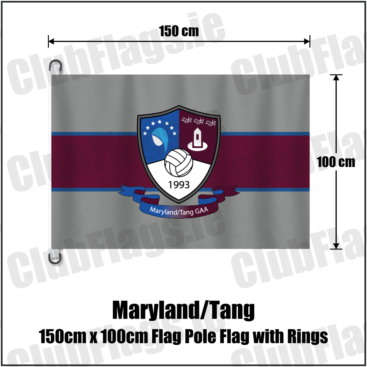 Maryland/Tang 150cm x 100cm Flag Pole Flag with Rings, featuring the club crest and grey and maroon and blue colours; County Westmeath GAA. ClubFlags.ie.