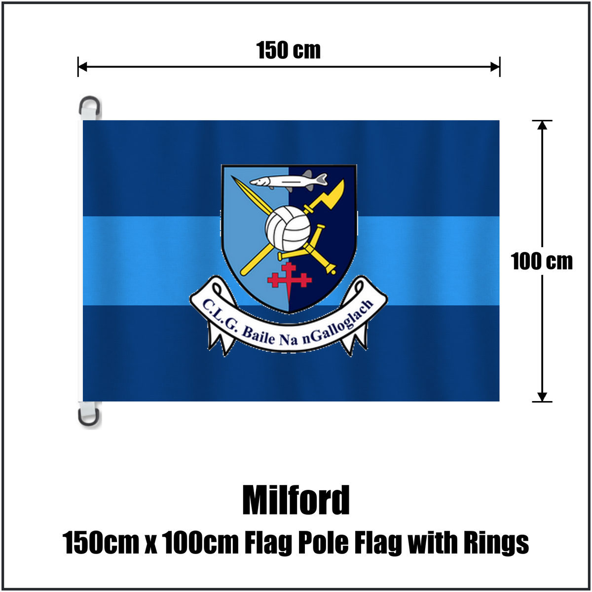 Milford 150cm x 100cm Flag Pole Flag with Rings, featuring the club crest and light blue and dark blue colours; County Donegal GAA. ClubFlags.ie.