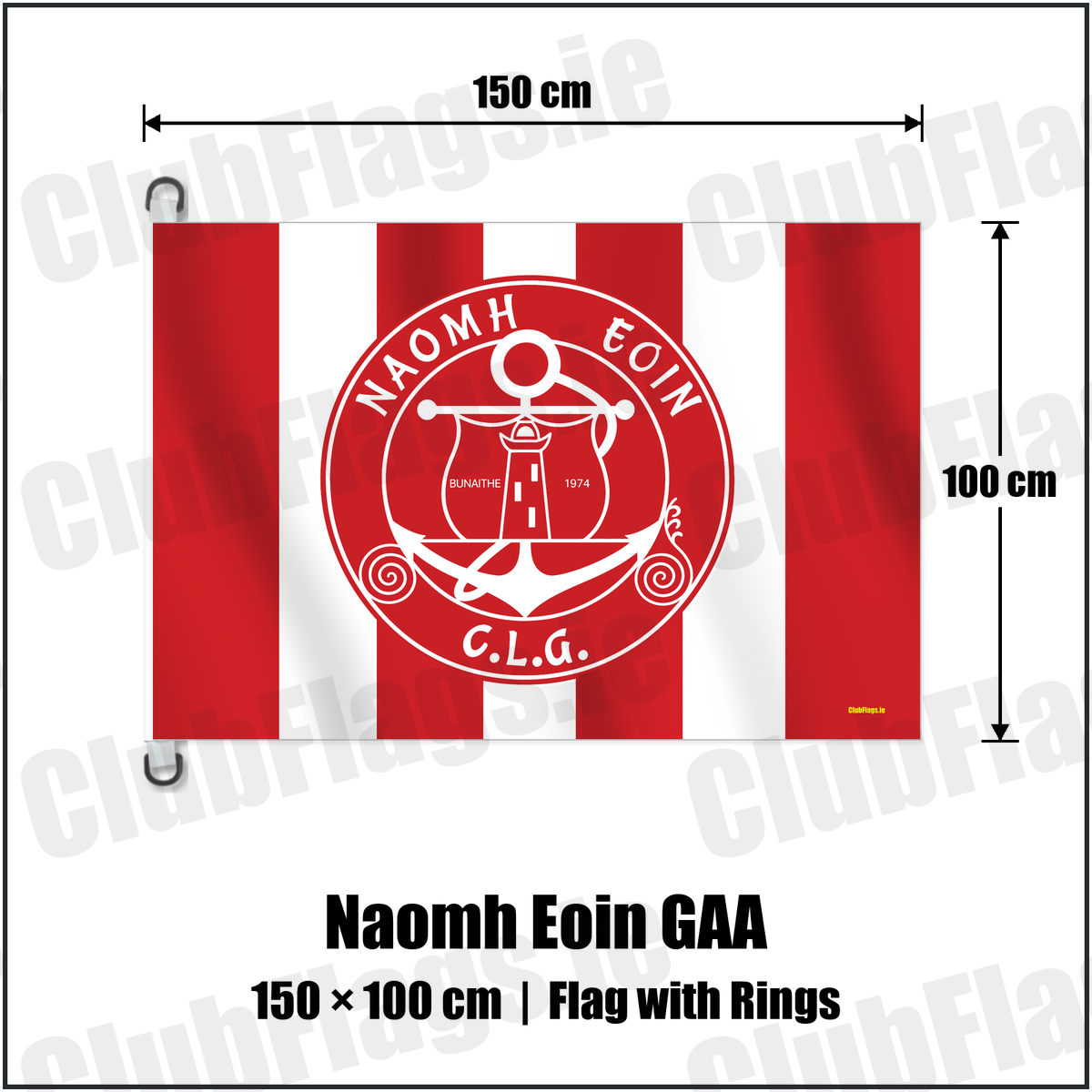 Naomh Eoin GAA 150cm x 100cm Flag Pole Flag with Rings with the verified club crest and colours, Clare GAA - ClubFlags.ie
