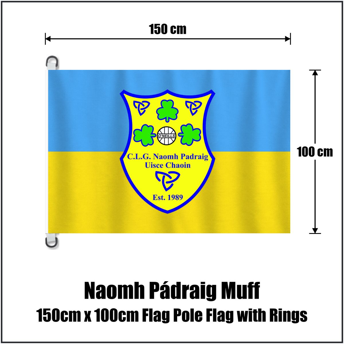 Naomh Pádraig Muff 150cm x 100cm Flag Pole Flag with Rings, featuring the club crest and blue and gold colours; County Donegal GAA. ClubFlags.ie.