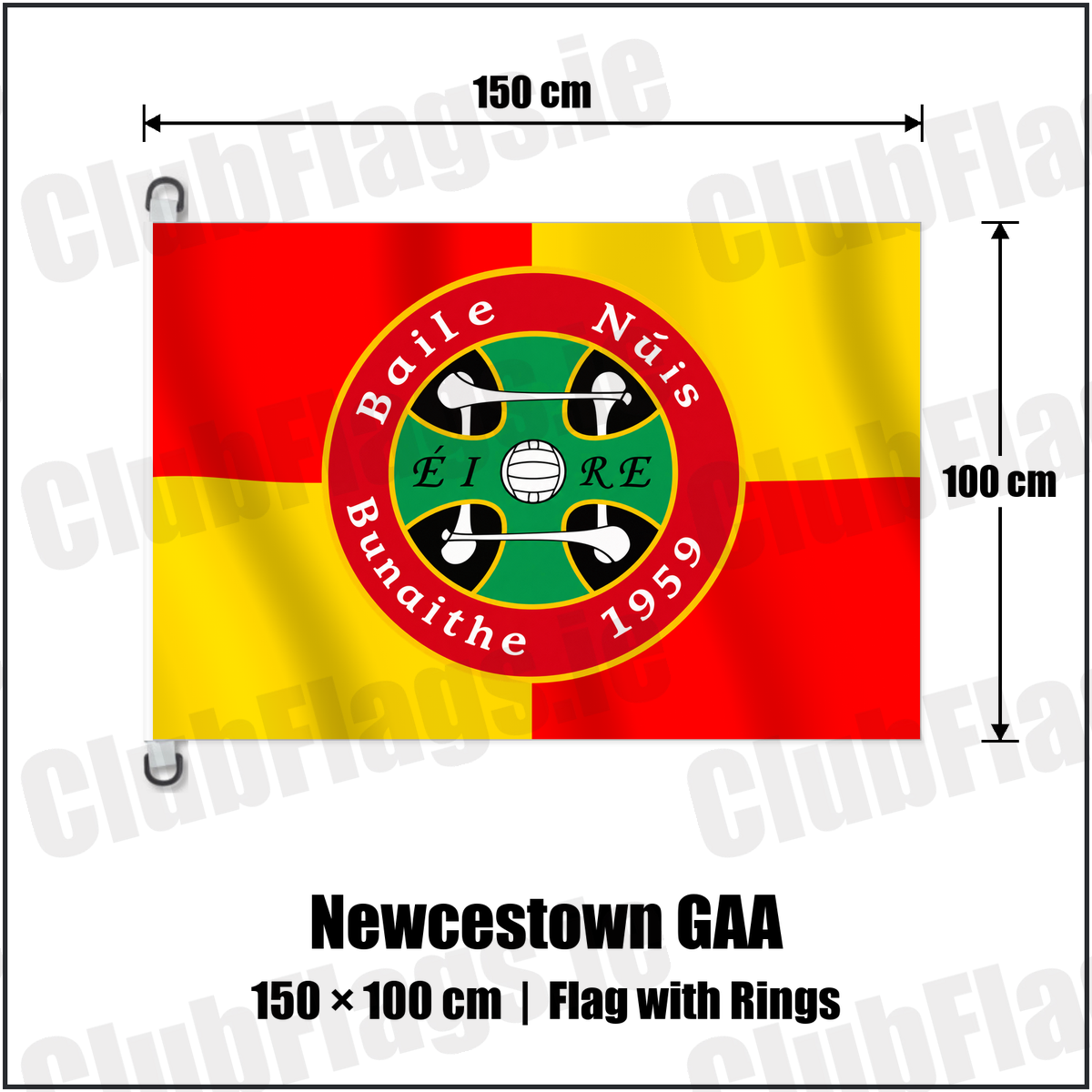 Newcestown GAA 150cm x 100cm Flag Pole Flag with Rings with the club crest and colours, Cork GAA - ClubFlags.ie